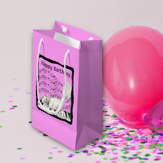 誕生日キャットオンピアノシート音楽ブライトピンク スモールペーパーバッグ