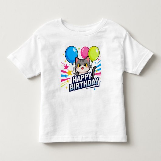 誕生日キャットバルーン – かわいいかわいいハッピーバースデー トドラーTシャツ (正面)