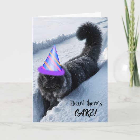 誕生日キャット歩くイン深い雪 カード (正面)