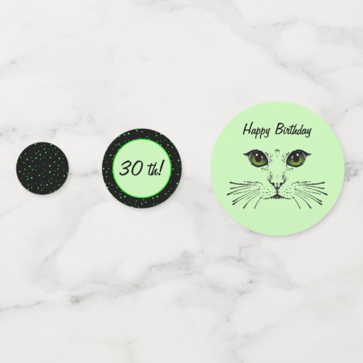 誕生日キャット顔グリーンアイズ水玉模様 コンフェッティ (正面)