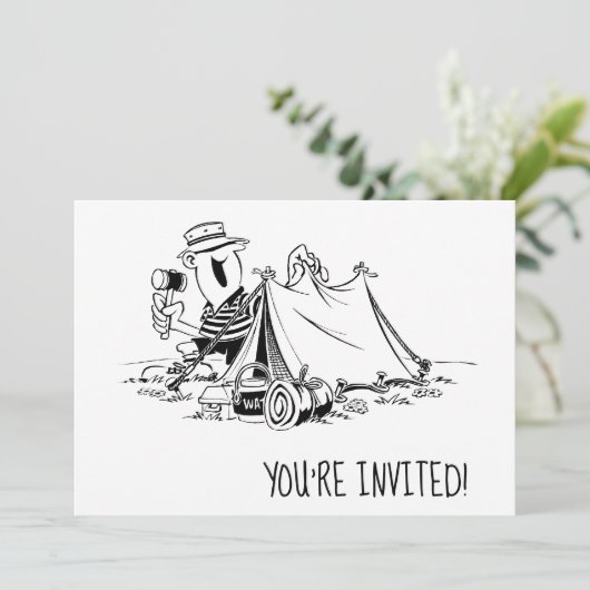 誕生日キャンプアウトキャンプパーティーブラックアンドホワイト 招待状 (スタンド正面)