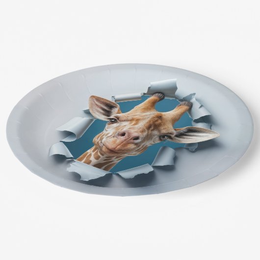 誕生日キリンが紙穴から覗き込む ペーパープレート (アングル)