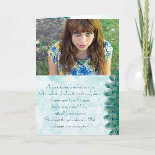 誕生日クジャク羽の写真カード カード (正面)