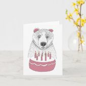 誕生日クマとピンクケーキ カード (黄色い花)