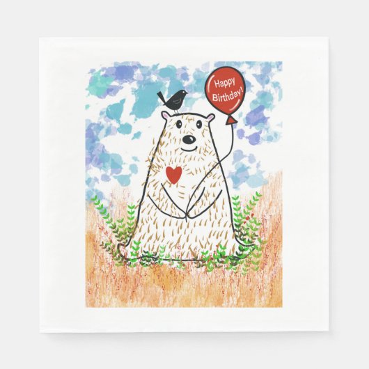 誕生日クマとブラックバードナプキン スタンダードランチョンナプキン (正面)