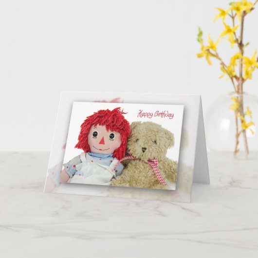 誕生日クマと人形 カード (黄色い花)
