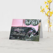 誕生日クラシックなピンク車の挨拶状 カード (黄色い花)