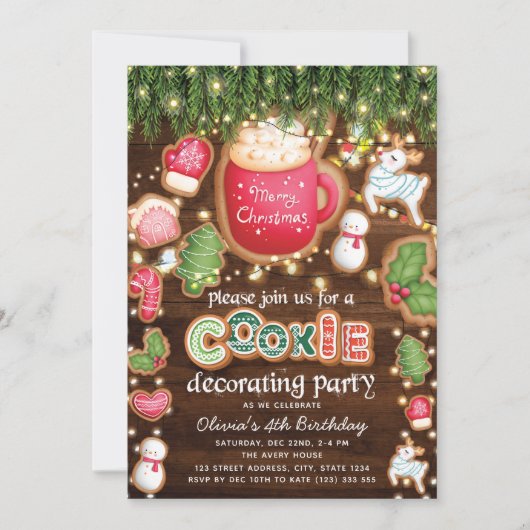 誕生日クリスマスクッキー飾のパーティー 招待状 (正面)