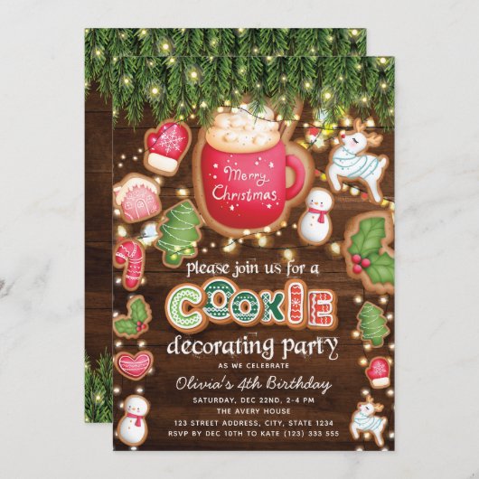 誕生日クリスマスクッキー飾のパーティー 招待状 (正面/裏面)