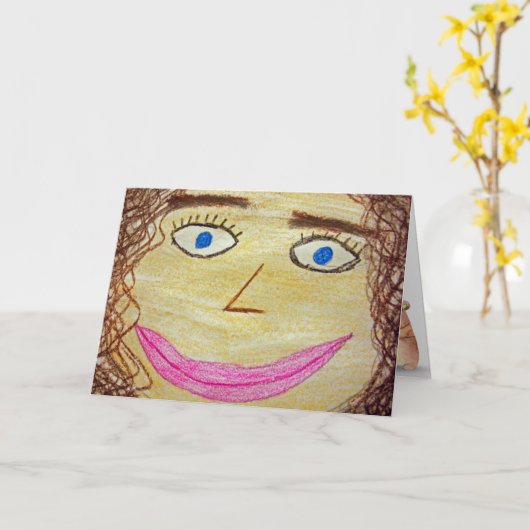 誕生日クレヨンのアートワークおもしろい顔 カード (黄色い花)