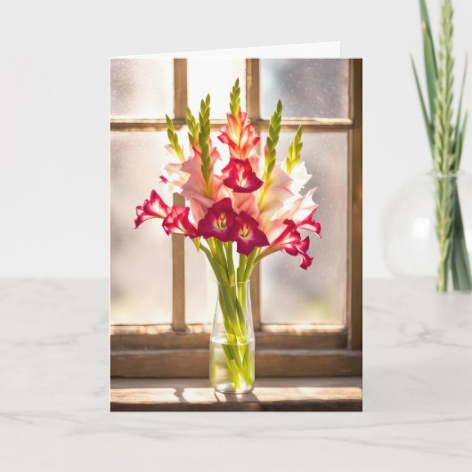 誕生日グラジオラスブーケが晴れた窓に カード (正面)
