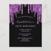 誕生日グリッターは黒い紫の招待 ポストカード (正面)