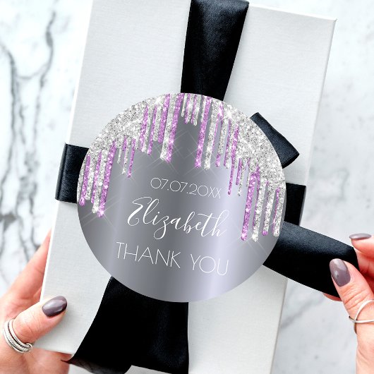 誕生日グリッターシルバーパープルスパークルサンキュー ラウンドシール