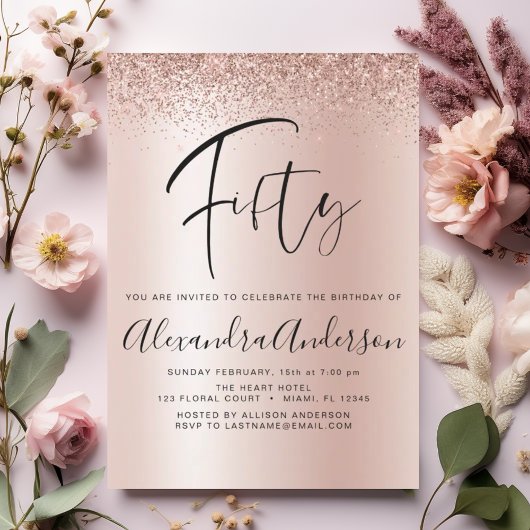 誕生日グリッターバラ金ゴールドピンクグラム招待状 招待状