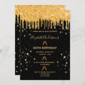 誕生日グリッターブラック金ゴールドスパークルグラムパーティー 招待状 (正面/裏面)