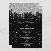 誕生日グリッター黒銀スパークルグラムパーティー 招待状 (正面/裏面)