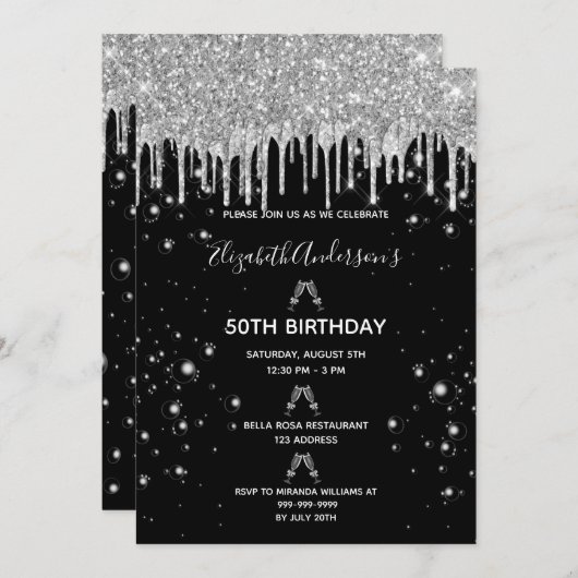 誕生日グリッター黒銀スパークルグラムパーティー 招待状 (正面/裏面)