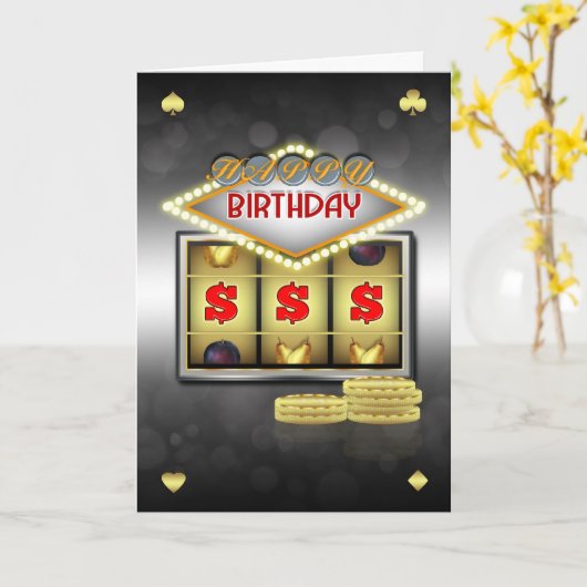 誕生日グリーティングカードカジノテーマとスロット カード (黄色い花)