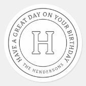 誕生日グリーティングシックモダンファミリーモノグラム ラウンドシール (正面)