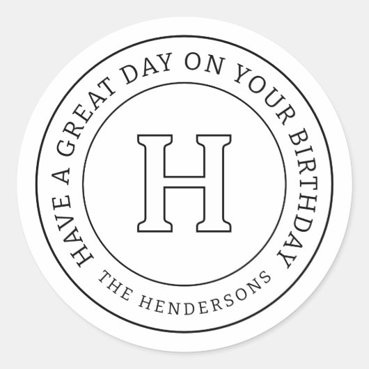 誕生日グリーティングシックモダンファミリーモノグラム ラウンドシール (正面)