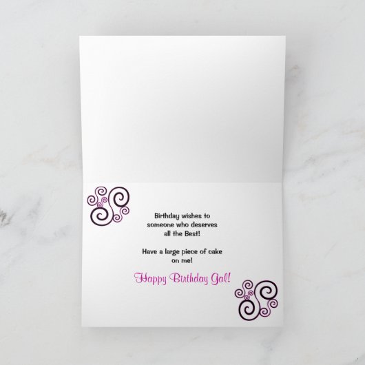 誕生日グリーティング – ケーキ付き/明るい赤紫色花/黒 カード (内部)