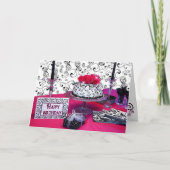 誕生日グリーティング – ケーキ付き/明るい赤紫色花/黒 カード (正面)