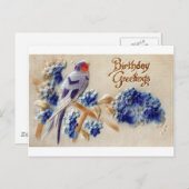 誕生日グリーティング ヴィンテージ ファブリック 鳥 ポストカード (正面/裏面)