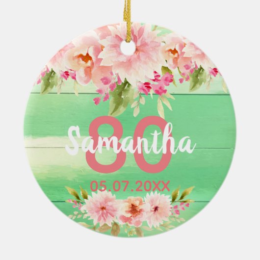 誕生日グリーンウッド赤面花模様素朴な名前 セラミックオーナメント (裏面)