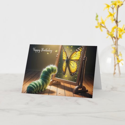 誕生日グリーンキャタピラが蝶をじっと見る カード (黄色い花)