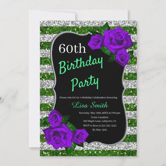 誕生日グリーンシルバーストライプグリッターパープルバラ 招待状 (正面)