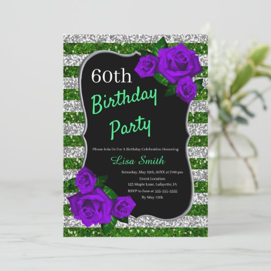 誕生日グリーンシルバーストライプグリッターパープルバラ 招待状 (スタンド正面)