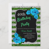 誕生日グリーンシルバーストライプグリッターブルーバラ 招待状 (正面)