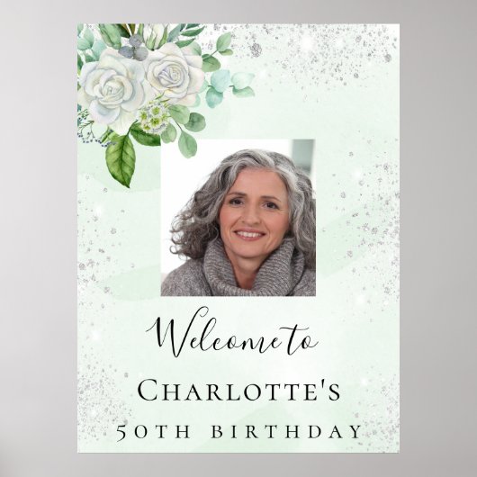 誕生日グリーンシルバーフローラフォトウェルカム ポスター (正面)