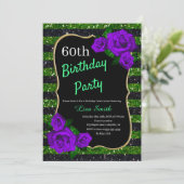 誕生日グリーンブラックストライプグリッターパープルバラ 招待状 (スタンド正面)