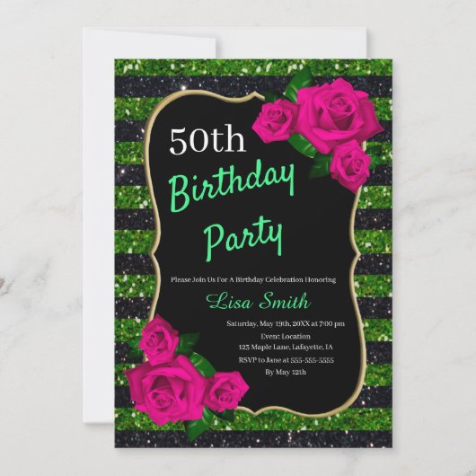 誕生日グリーンブラックストライプグリッターピンクローズ 招待状 (正面)