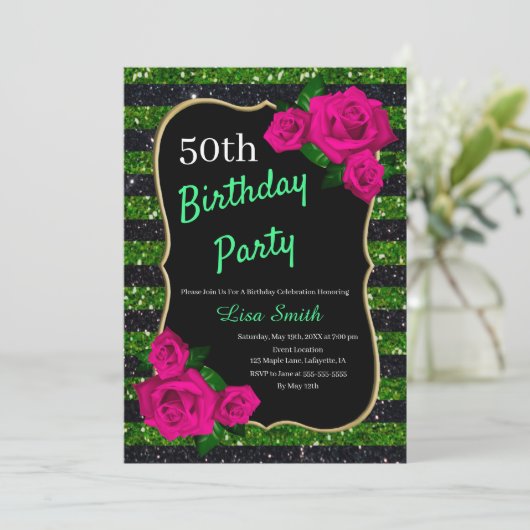 誕生日グリーンブラックストライプグリッターピンクローズ 招待状 (スタンド正面)