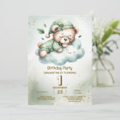 誕生日グリーンボホスリーピングテディベアキュートパーティー 招待状 (スタンド正面)