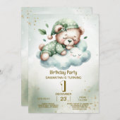 誕生日グリーンボホスリーピングテディベアキュートパーティー 招待状 (正面/裏面)