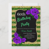 誕生日グリーン金ゴールドストライプグリッターパープルバラ 招待状 (正面)