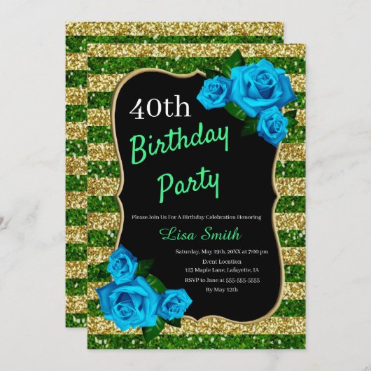 誕生日グリーン金ゴールドストライプグリッターブルーバラ 招待状 (正面/裏面)