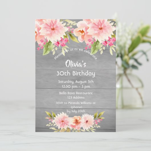 誕生日グレー木材赤面花模様素朴 招待状 (スタンド正面)