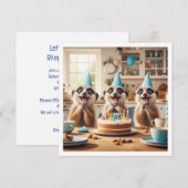 誕生日ケーキで喜ぶミーアカットたち 招待状 (正面/裏面)