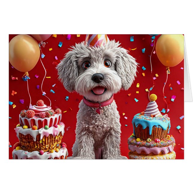 誕生日ケーキと風船の犬 (正面横)