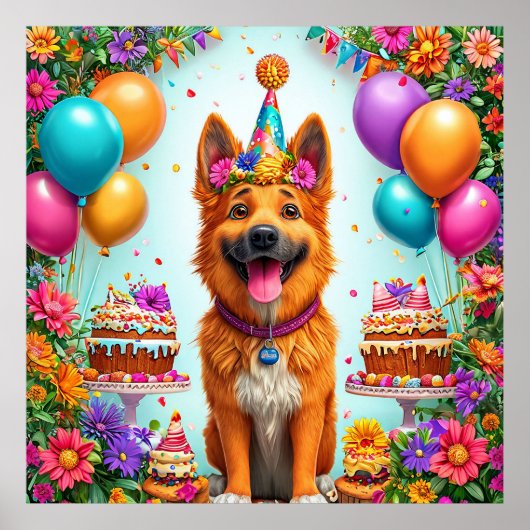 誕生日ケーキと風船の犬 ポスター (正面)