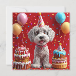 誕生日ケーキと風船の犬 招待状