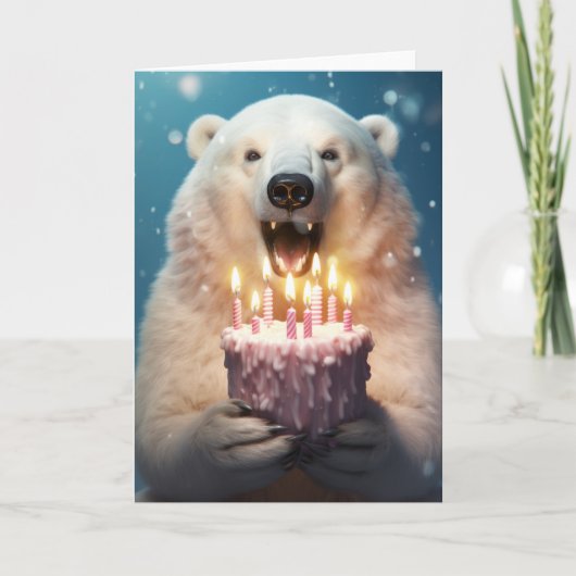 誕生日ケーキのカードを持つホッキョクグマ サンキューカード (正面)