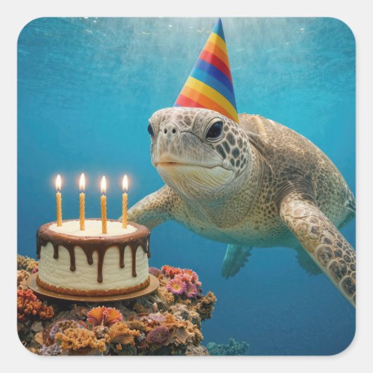 誕生日ケーキの海ガメ スクエアシール (正面)