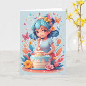 誕生日ケーキの漫画の女の子 | カード (黄色い花)