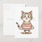 誕生日ケーキの漫画の猫 ポストカード (正面/裏面)