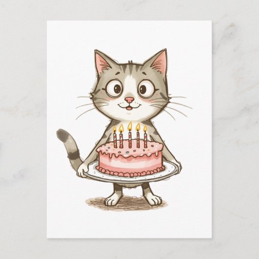 誕生日ケーキの漫画の猫 ポストカード (正面)